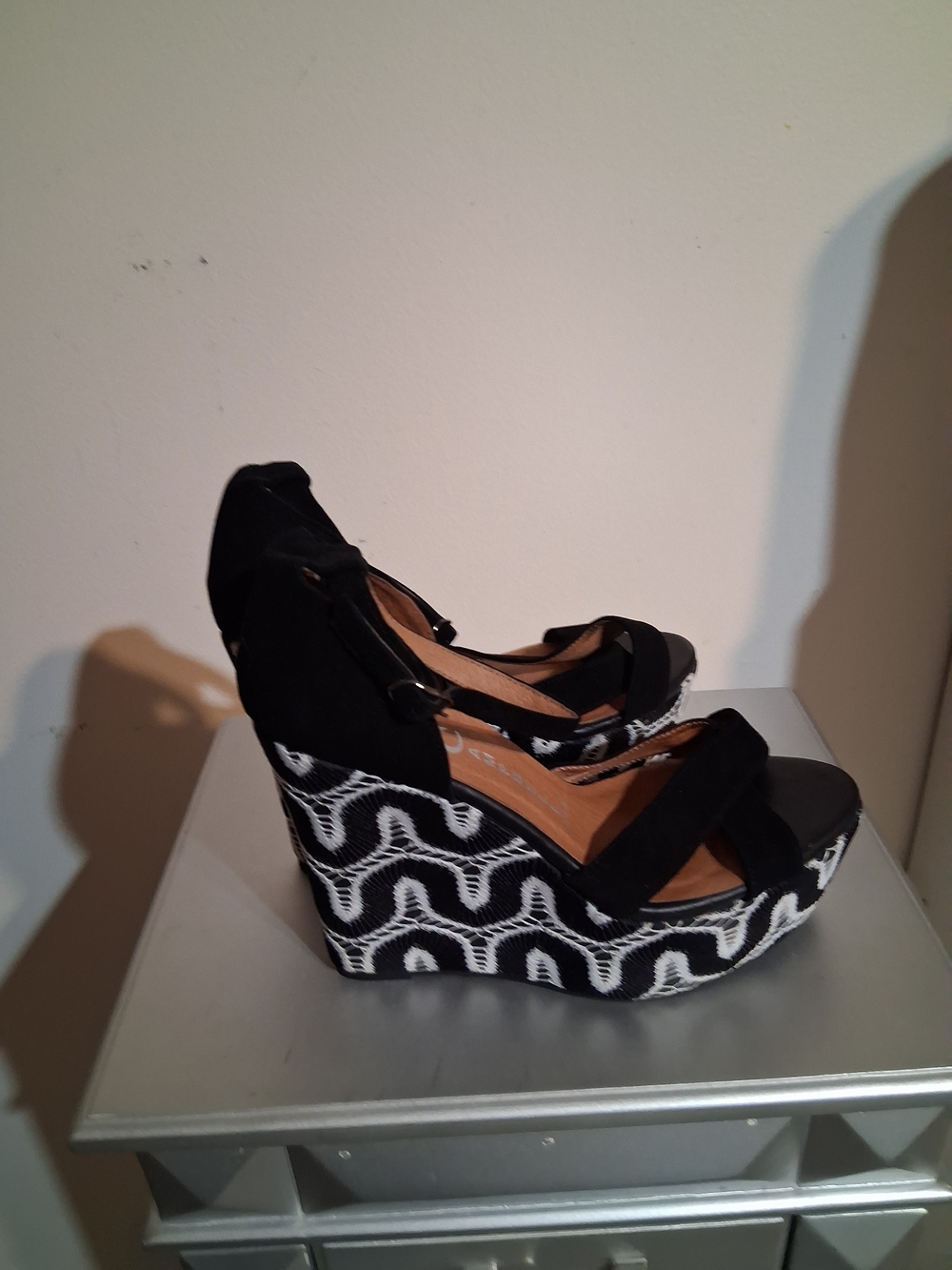 Jeffrey Campbell Black Suede with White Lace Patterned Wedge Sandals